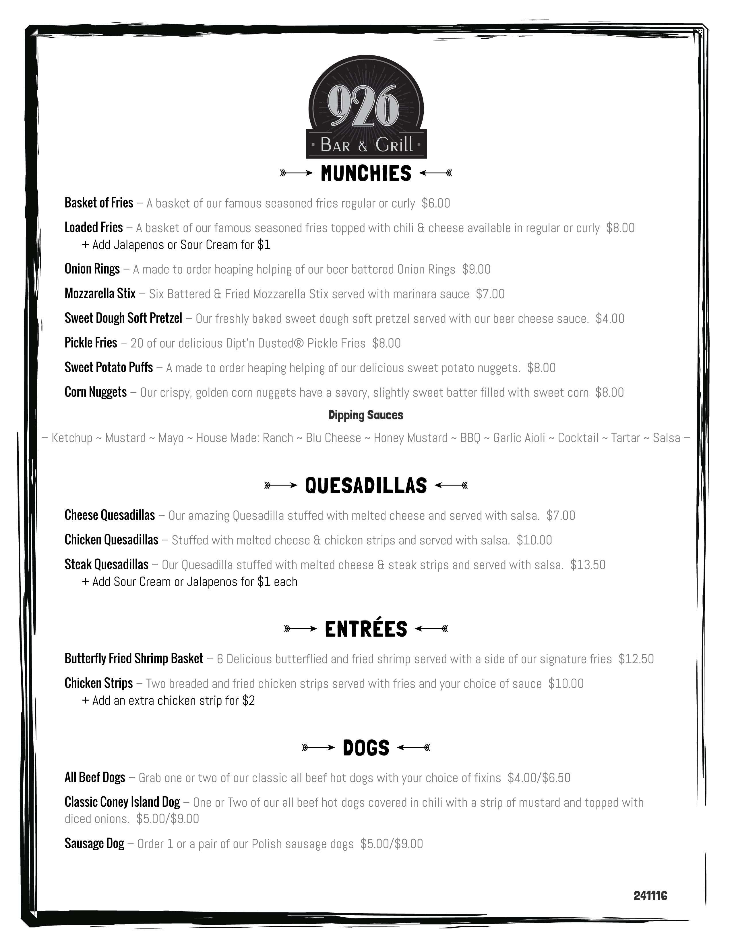 926 Grill Menu