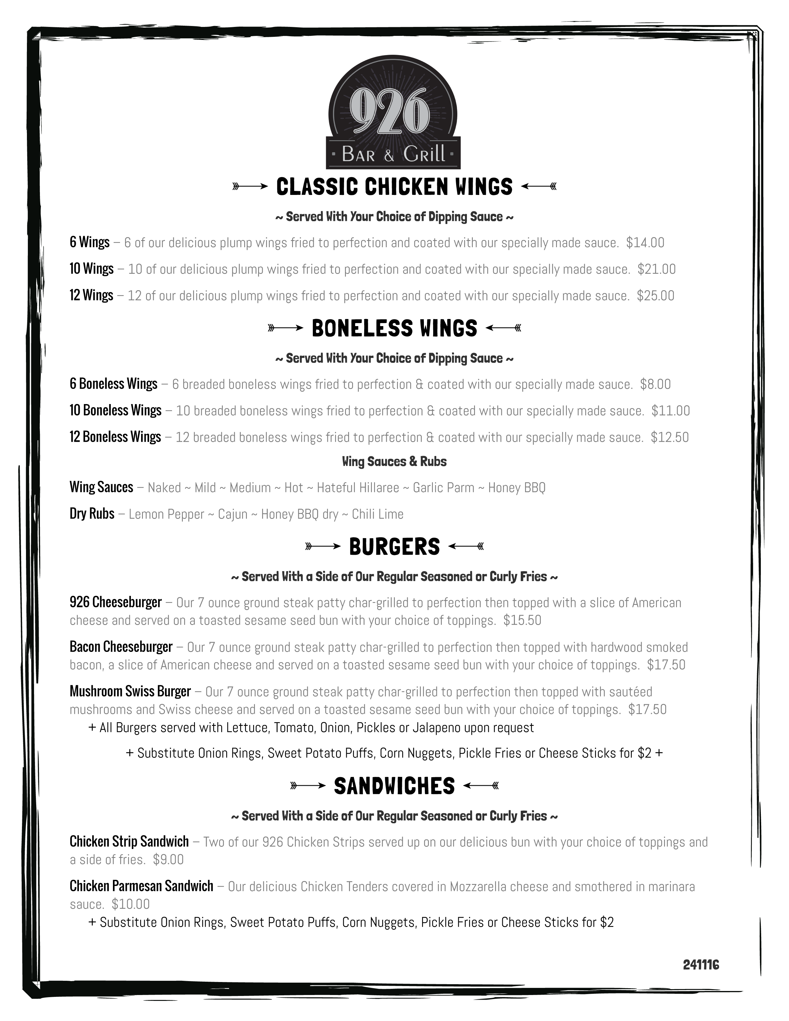 926 Grill Menu page 2