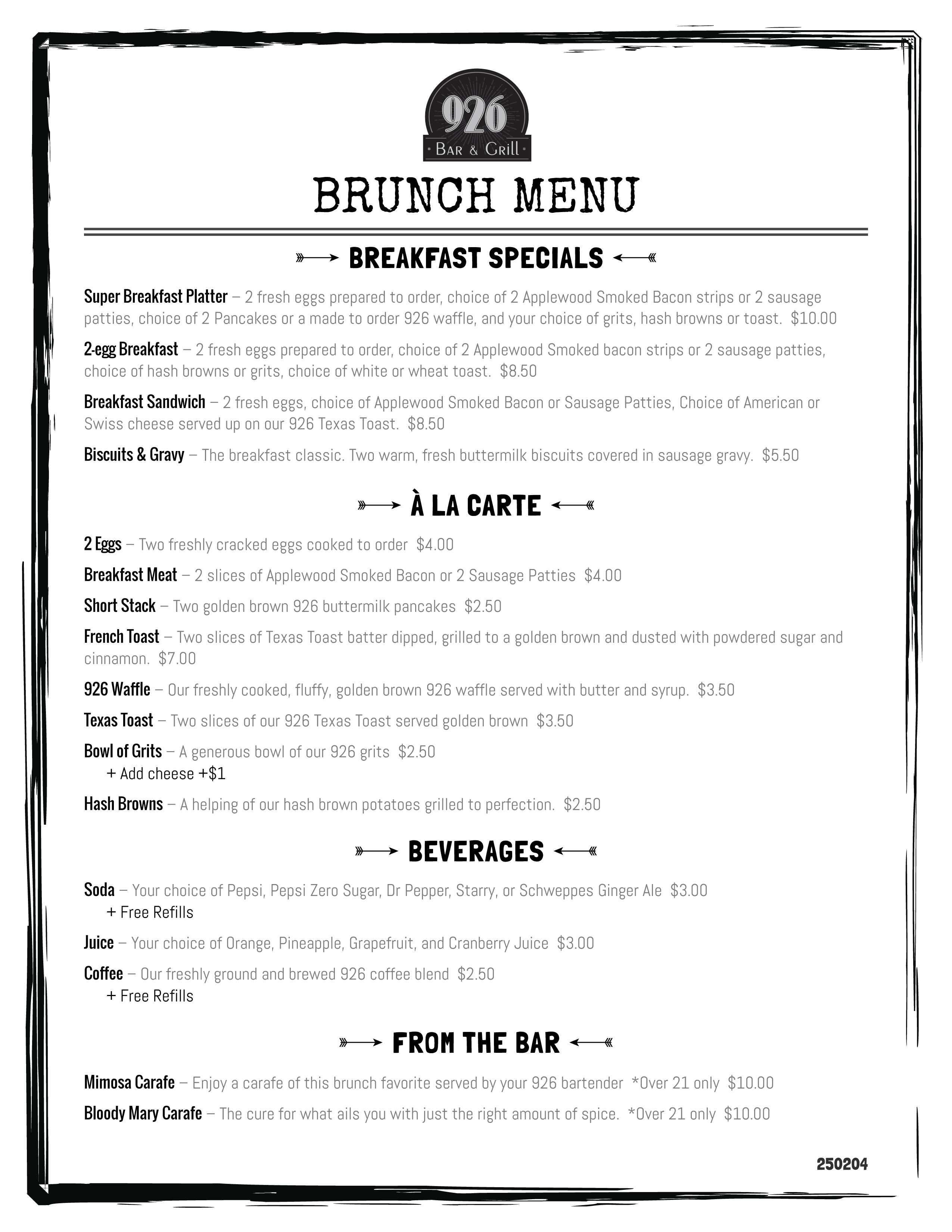 926 Sunday Brunch Menu