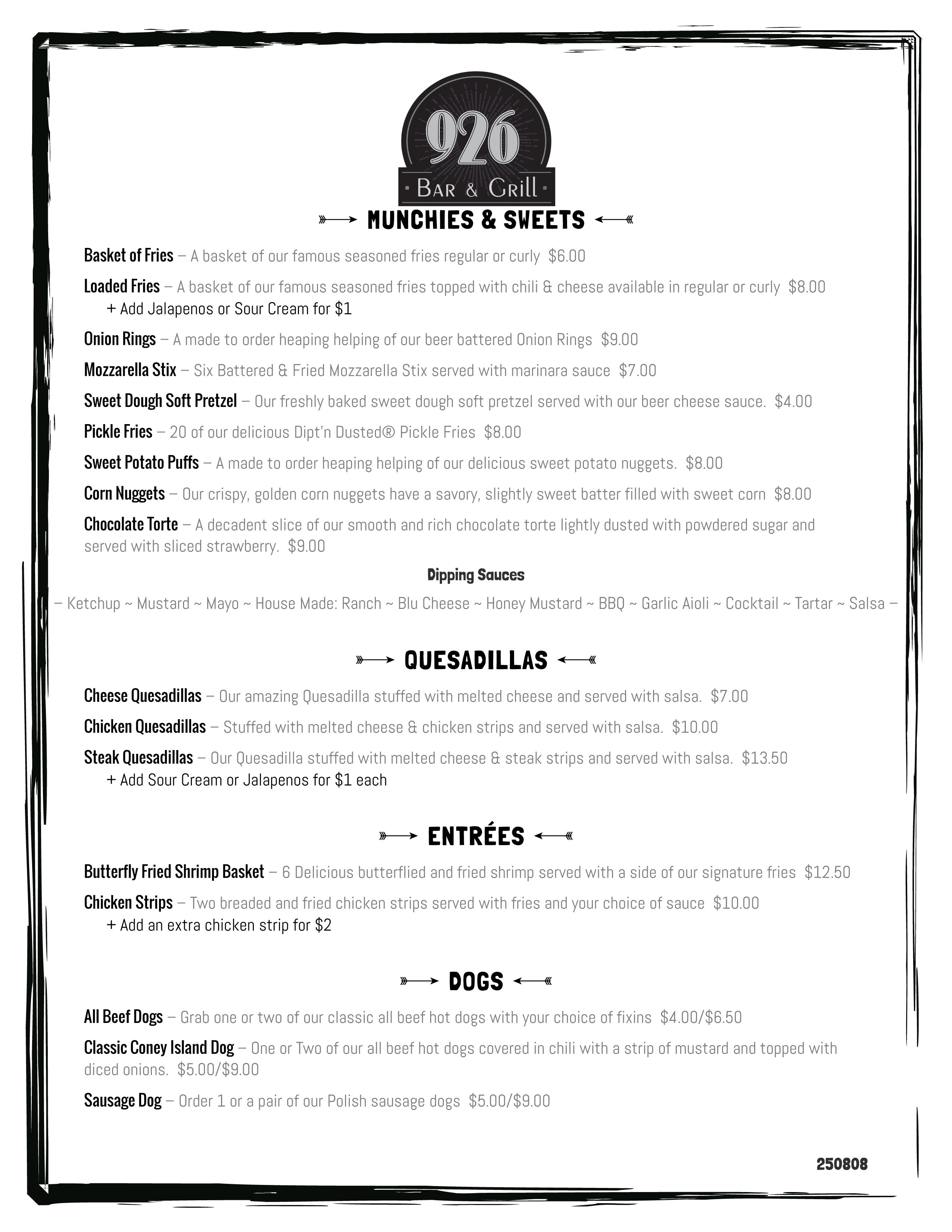 926 Grill Menu